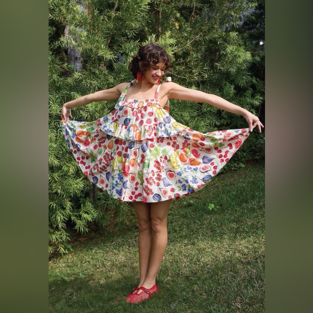 JACQUIE THE LABEL Mirabelle White Multi Fruit Print Tiered Sundress -Size S NWT - Picture 2 of 6